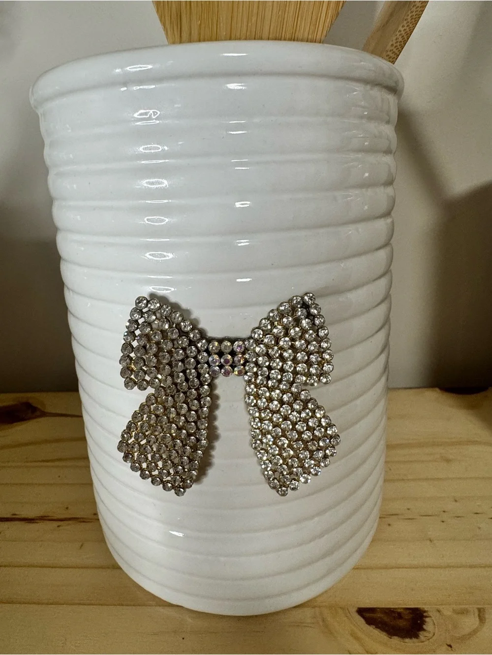 Ceramic Utensil Holder with Crystal Bow - White Handmade Bling